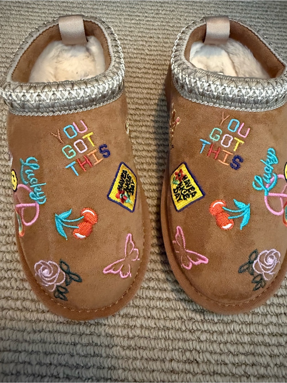 Steve Madden Kids Brown Embroidered Slip-On Slippers with Multicolor Accents